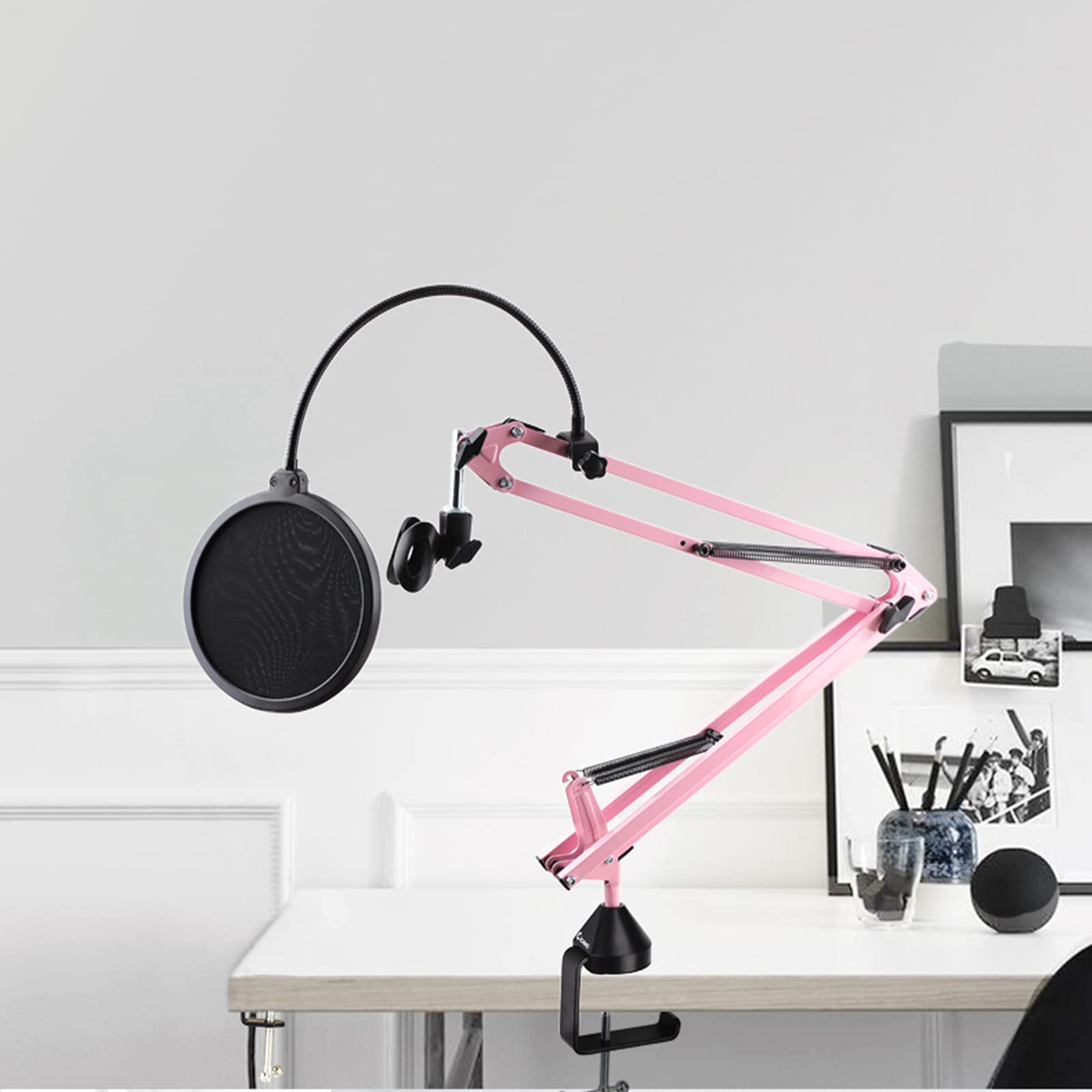 Pink Microphone Stand, Mic Boom Arm Suspension Scissor with Shock Mount Microphone Clip Holder Upgraded Desk Clamp for Blue Yeti